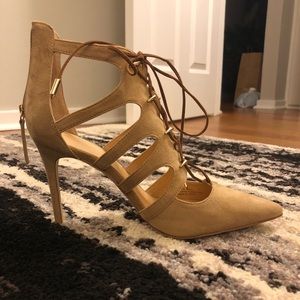 Strappy tan stiletto lace-up heels